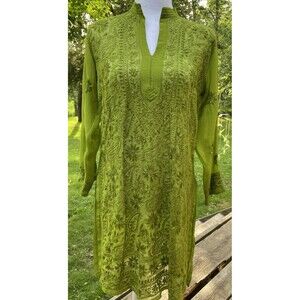 Women’s Medium Kaftan MIDI V Neck Sheer Tunic Top Boho Long Sleeve Dress Beach